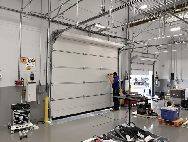 Commercial garage door repair being performed by Westborough Garage Door Repair expert in Westborough