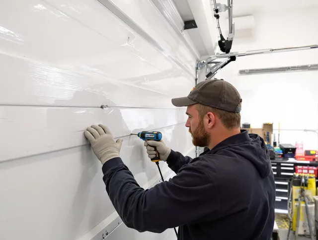 Westborough Garage Door Repair technician demonstrating precision dent removal techniques on a Westborough garage door