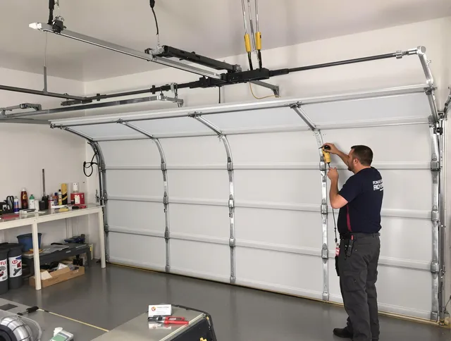 Westborough Garage Door Repair certified technician performing overhead door system repair in Westborough