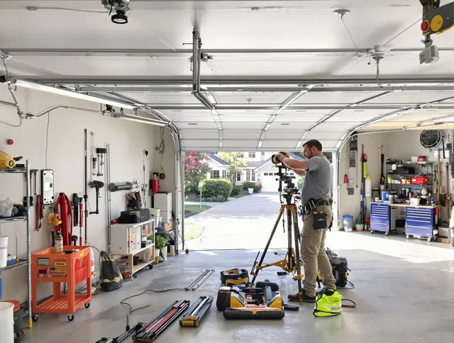 Westborough Garage Door Repair specialist performing laser-guided track alignment in Westborough
